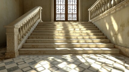 Obraz premium Marble stairs with balustrade lead up to a door, light shines
