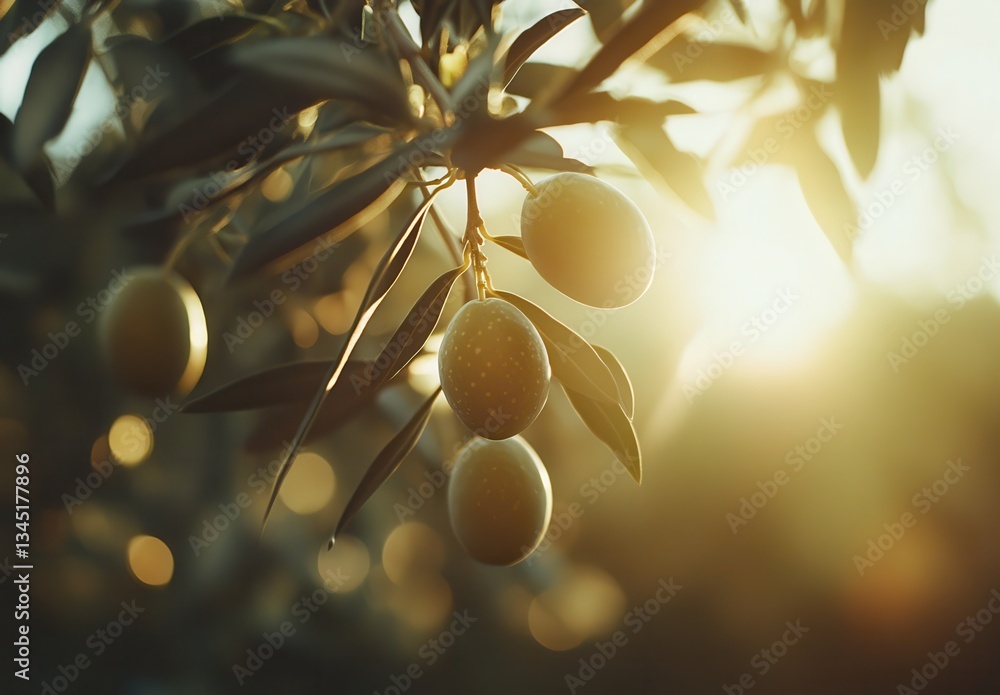 Poster close-up of olive fruits on tree branch glowing in warm sunset light with soft focus background and 
