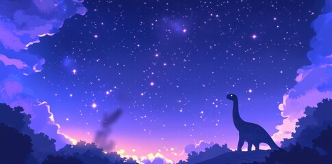 A long necked dinosaur is gazing up at the starry sky