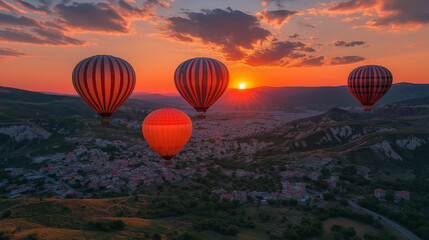 Obraz premium Hot Air Balloons Flying Over Cappadocia at Sunrise.