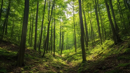 Naklejka premium Sunlit Forest Pathway Surrounded by Vibrant Green Trees and Lush Underbrush in Nature's Tranquil Setting