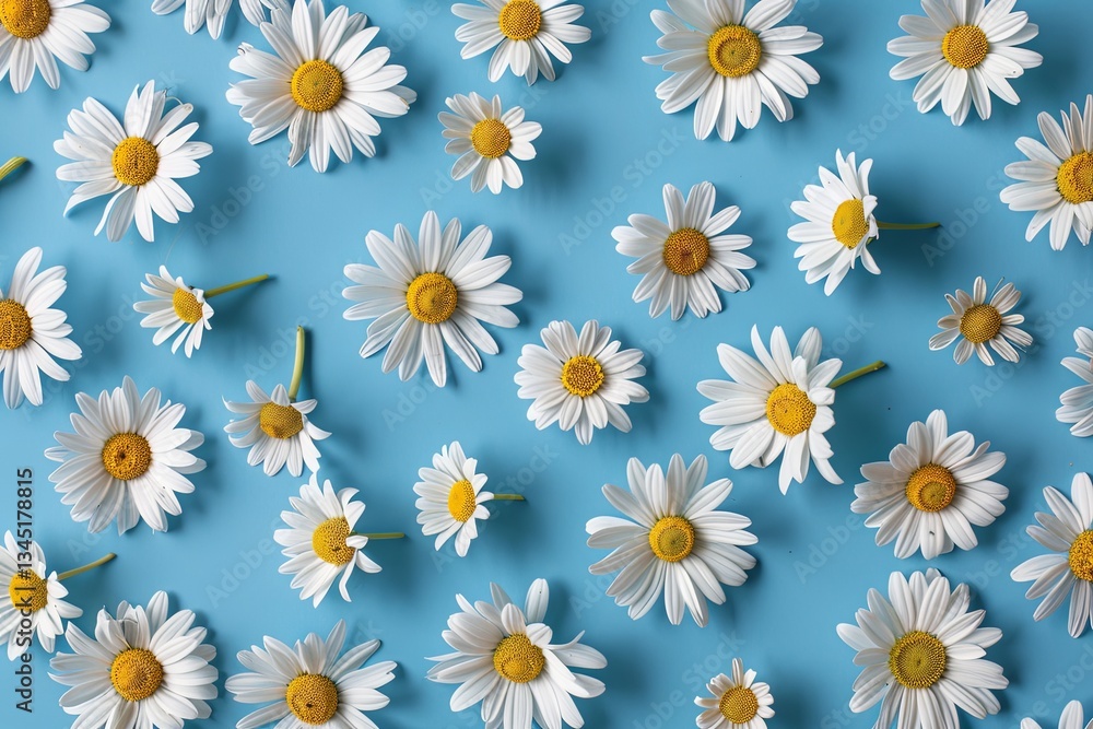Aufkleber chamomile flowers spread across a blue background, creating a pattern of delicate beauty, perfect fo