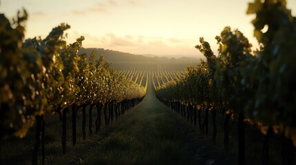 Obraz premium A vineyard landscape at dawn with dew on the grape leaves, showcasing the cleanliness and orderliness of the rows of vines and the freshness of the morning light 