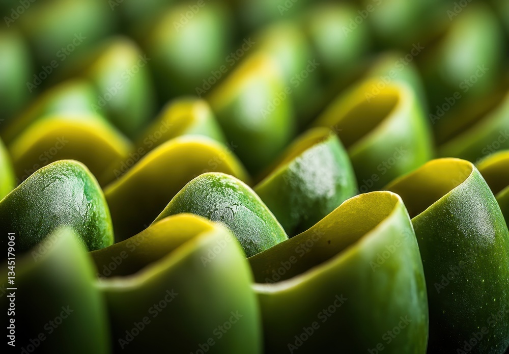 Poster close-up view of unique green organic shapes in a pattern with curved lines and textured surfaces fo