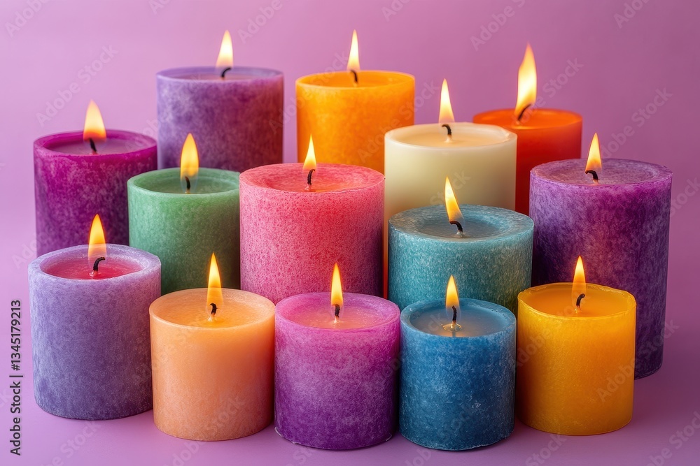 Poster Colorful candles arranged in a display illuminating the space with warm light and vibrant hues in a serene setting