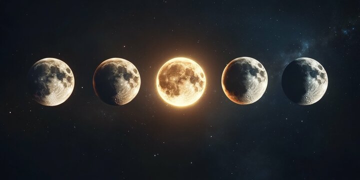A series of moon phases during a lunar eclipse on the right hand side, astrophotography, dark background - Powered by Adobe