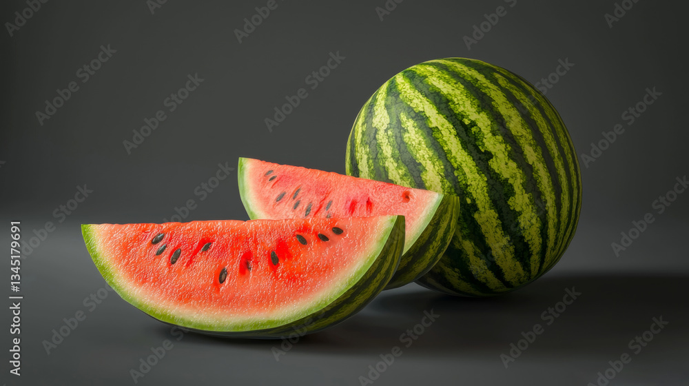 Poster two vibrant juicy watermelon slices are placed in front of a whole watermelon, creating a refreshing