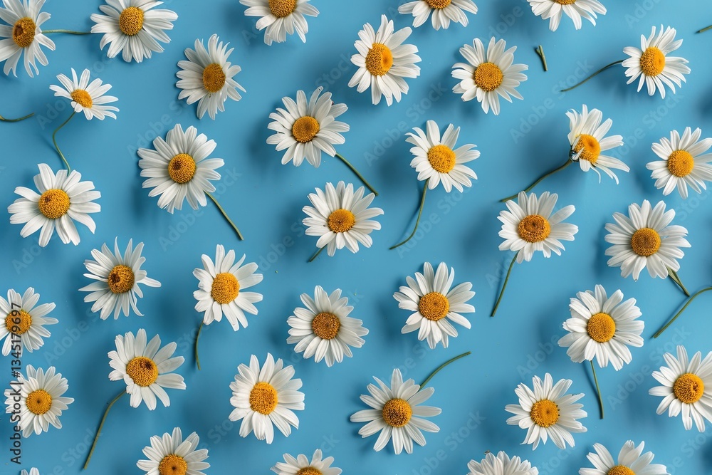 Poster spring and summer chamomile flowers arranged flatly on a blue background showcasing repetition and n
