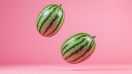 Two whole watermelons are levitating on a vibrant pink background, creating a surreal and summery scene with potential for various interpretations