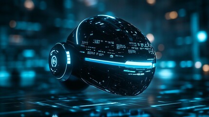 Futuristic black helmet with glowing blue lines, hovering over a digital surface.