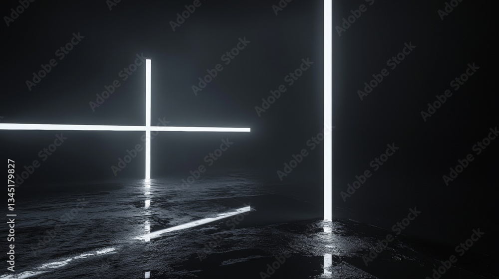 Aufkleber glowing neon lights are forming a cross shape and a vertical line, illuminating a dark, textured flo