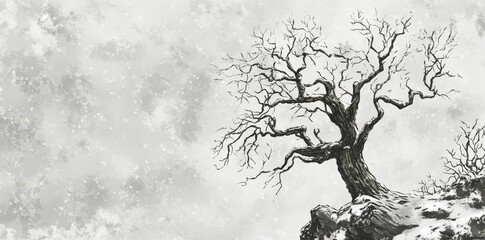 Fototapeta premium A lone tree stands on snowy mountain against a cloudy sky background