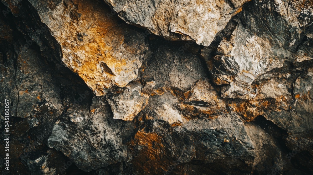Poster close-up view of a textured rock face showcasing a mix of dark and golden hues, creating an intricat