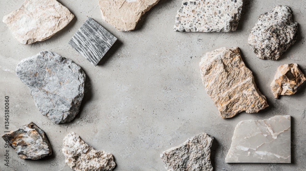 Poster various stone samples are arranged in a circular pattern on a gray background, creating negative spa