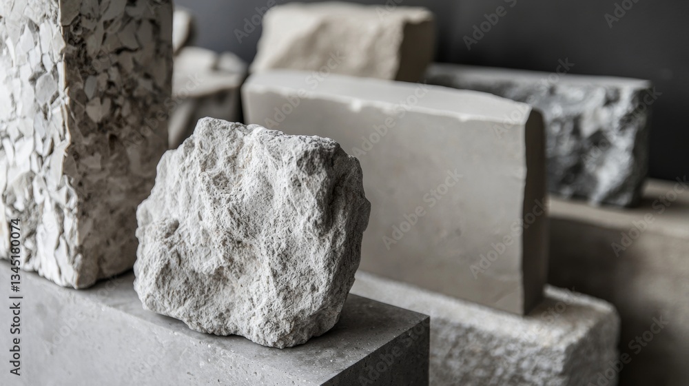 Poster different materials and textures are displayed on gray concrete blocks, creating an abstract composi