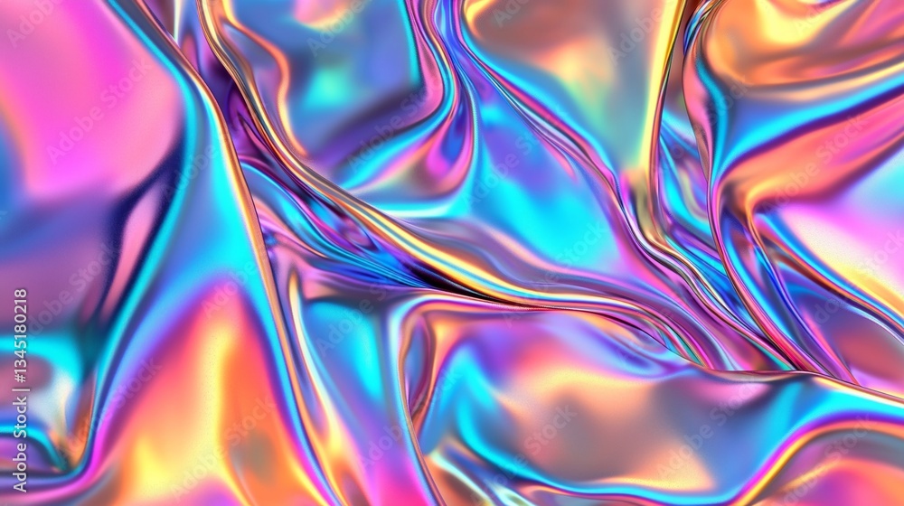 Poster smooth elegant holographic fabric flowing with dynamic colorful waves creating an abstract iridescen