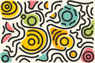 Doodle art vector illustration consisting of abstract, geometric shapes, circles, curves, serrated lines and creative and fun decorative symbols. Seamless fabric pattern for graphic background.