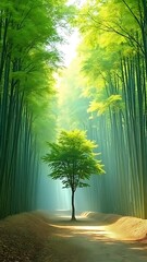 Solitary Tree in Bamboo Forest Path