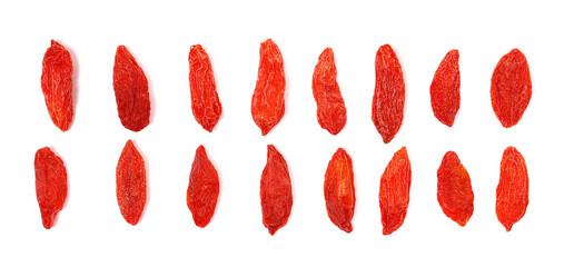 Set macro dried Chinese wolfberries, goji berries isolated on white background, top view	