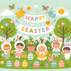 Fototapeta premium Easter Garden Illustration, Children Egg Hunt with Bunny Suits and Chicks, Kid-Friendly Easter Egg Hunt Clipart, bunny costumes, Pastel Garden Illustration with Children and Chicks. Generative ai
