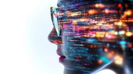 Exploration of digital landscapes through the perspective of a woman with futuristic glasses