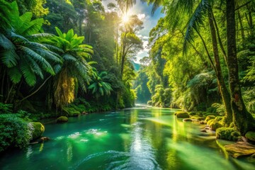 Fototapeta premium Sun-drenched rainforest river, vibrant green canopy reflected in sparkling waters. A nature photographer's dream.