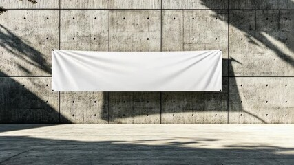 Blank white banner displayed on a textured concrete wall in an urban outdoor setting during daylight hours