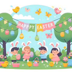 Obraz premium Easter Garden Illustration, Children Egg Hunt with Bunny Suits and Chicks, Kid-Friendly Easter Egg Hunt Clipart, bunny costumes, Pastel Garden Illustration with Children and Chicks. Generative ai