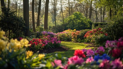 Vibrant Flower Garden Landscape with Colorful Blooms Surrounded by Lush Greenery and Soft Morning Light