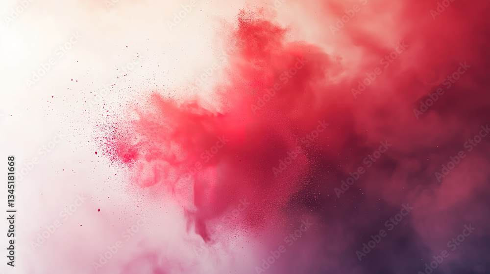 Poster vivid red dust particles splashing in an abstract explosion on a white backdrop