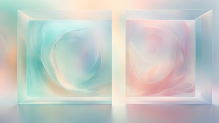 Two glass cubes display soft, pastel-colored swirls, creating a tranquil abstract scene.