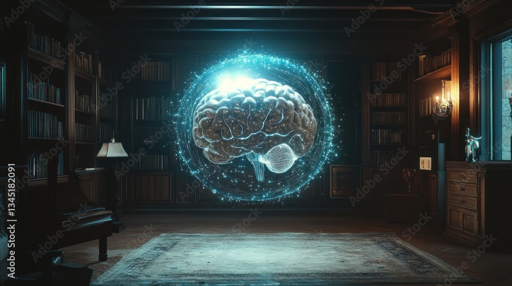 Poster 3d hologram of a human brain with ai data points