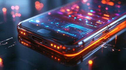 Futuristic smartphone displaying vibrant digital circuitry.