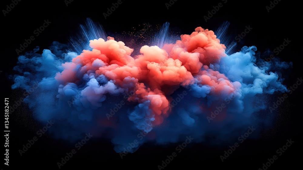 Poster abstract background with an intense explosion of red and blue smoke in motion and chaos