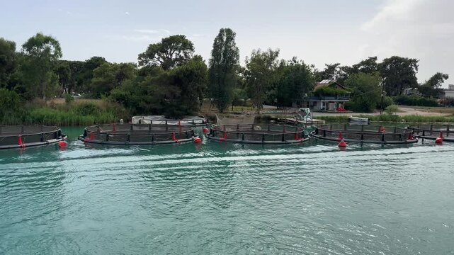 Fish Farming Nets Submerged in Manavgat River, Side, Turkey &ndash; Aquaculture in Flowing Water