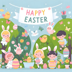 Fototapeta premium Easter Garden Illustration, Children Egg Hunt with Bunny Suits and Chicks, Kid-Friendly Easter Egg Hunt Clipart, bunny costumes, Pastel Garden Illustration with Children and Chicks. Generative ai