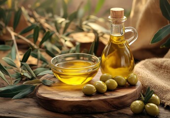 Elegant display of olive oil in a glass bottle with a bowl of oil and fresh olives on a wooden board surrounded by olive branches and natural elements