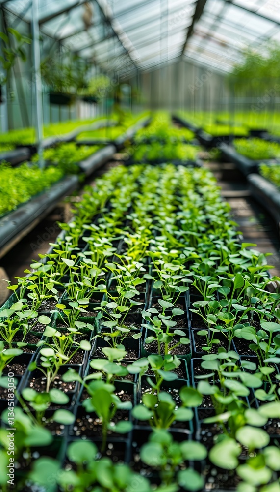 Poster Rows of microgreens thriving in a controlled greenhouse environment with advanced irrigation systems Generative AI