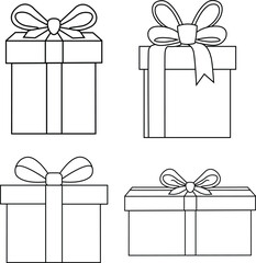 gift box set line art wrapped gift with ribbon bow drawing vector illustration