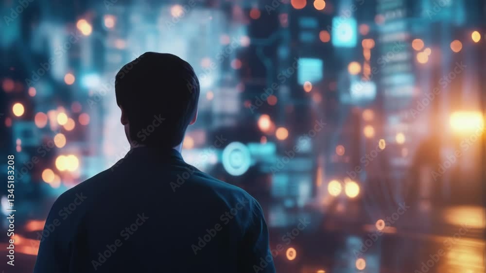 Poster professional engineer analyzing intricate holographic data interface, working within advanced smart 