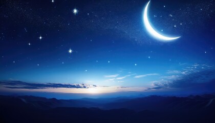 Fototapeta premium A deep blue night sky with a glowing crescent moon and softly twinkling stars — evoking peaceful dreams, calm nights, and serene celestial beauty. 