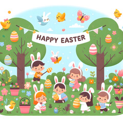Naklejka premium Easter Garden Illustration, Children Egg Hunt with Bunny Suits and Chicks, Kid-Friendly Easter Egg Hunt Clipart, bunny costumes, Pastel Garden Illustration with Children and Chicks. Generative ai