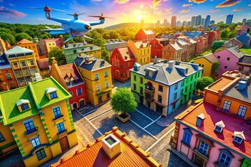 Aerial View Cartoon Brick Building, Drone Photography, Colorful Cityscape