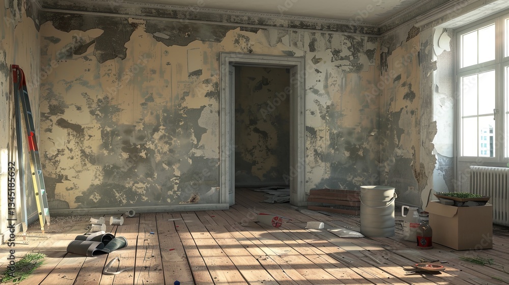 Poster Renovation in progress with empty room showcasing removed wallpaper and scattered tools Generative AI