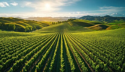 Expansive Vineyard Landscape Under Bright Blue Sky with Sunlight Casting Shadows on Vibrant Green Rows of Grapes in Rolling Hills