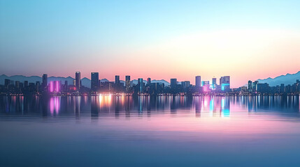Fototapeta premium City Skyline Reflection On Calm Water At Sunset With Illuminated Buildings Against Gradient Sky