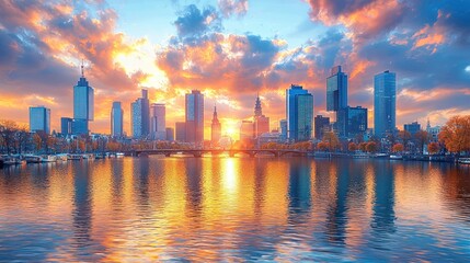 Fototapeta premium Frankfurt Skyline at Sunset: A Captivating View of Germany's Financial Center