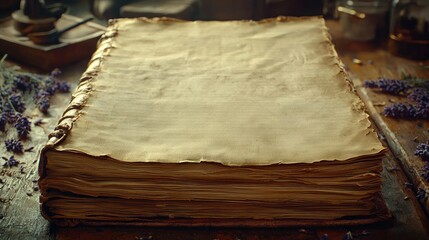 Old, thick, open book with blank pages on wooden table with herbs around it
