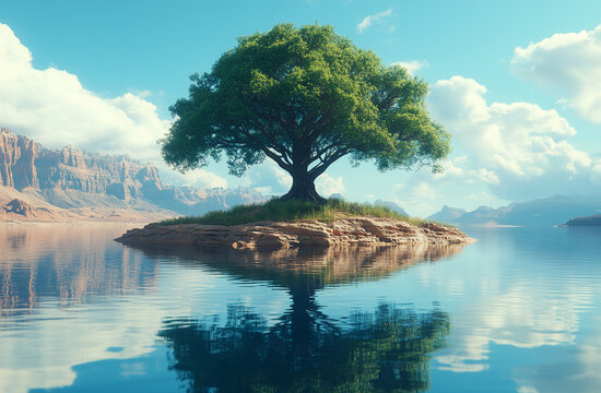 tree on the shore of lake, green tree