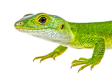 Obraz premium Vibrant green lizard displaying detailed scales on a white backdrop